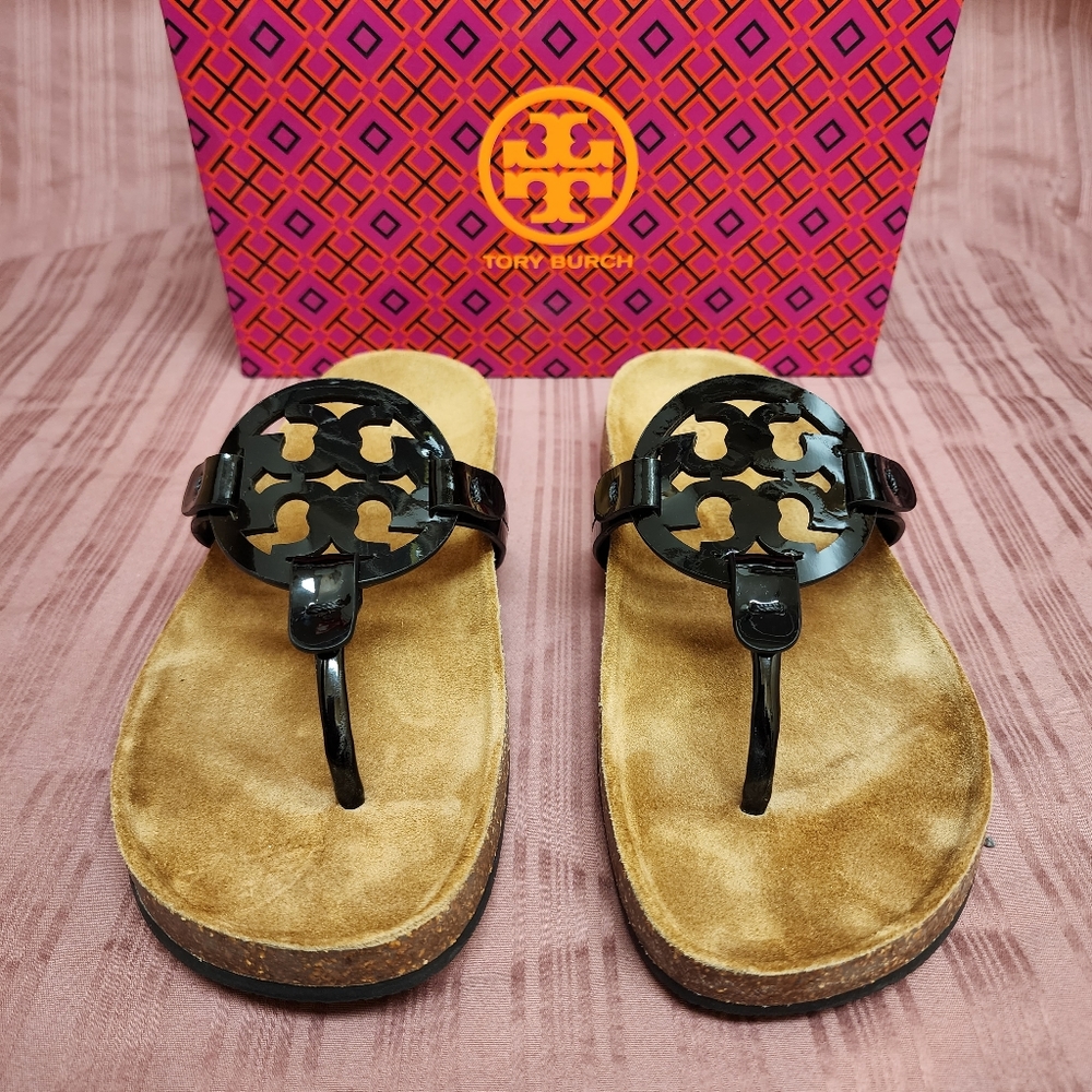 New Tory Burch Miller Cloud Black Patent Leather Sandals Size 6